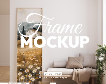 Panoramic Frame Mockup, 1x3 Ratio Poster Mockup, Vertical Tall Psd Template