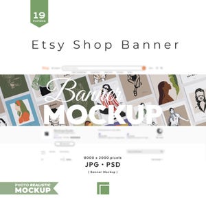 Peut inclure: Une maquette de bannière de boutique Etsy présentant un collage de divers portraits illustrés et motifs abstraits. Le texte "19 PAPERS", "Etsy Shop Banner", "Banner MOCKUP", "8000 x 2000 pixels", "JPG • PSD" et "PHOTO REALISTIC MOCKUP" est visible.