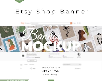 Könnte beinhalten: Ein Etsy-Shop-Banner-Mockup mit einer Collage aus verschiedenen illustrierten Porträts und abstrakten Designs. Der Text "19 PAPERS", "Etsy Shop Banner", "Banner MOCKUP", "8000 x 2000 pixels", "JPG • PSD" und "PHOTO REALISTIC MOCKUP" ist sichtbar.