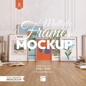Mockup med 5 ramar, set med rammockups, psd-mall med flera träramar