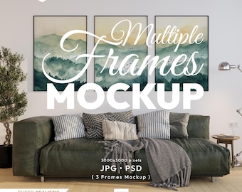 Mockup med 3 vertikala ramar, mockup-set för vardagsrumsram, PSD-mall för svart ram