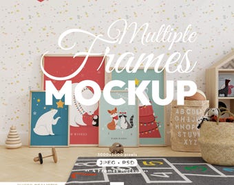 May include: A digital mockup featuring four rectangular picture frames of varying sizes, displaying illustrations of polar bears, a fox, and a raccoon. The frames are arranged on a light wooden floor next to a woven basket and a hopscotch rug.