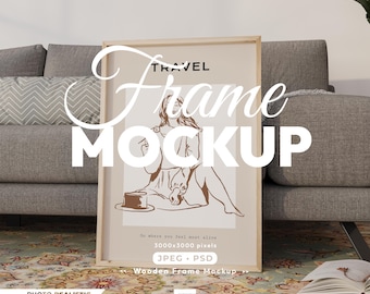 May include: A wooden frame mockup with the word "TRAVEL" above the word "Frame" in a cursive font. The word "MOCKUP" is in large, bold, white letters. The image inside the frame features a woman and the text "Go where you feel most alive".