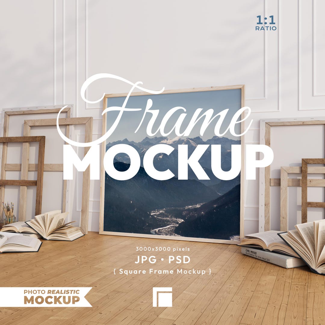 Square Frame Mockup: 1x1 Ratio Poster Psd Template, Wooden Frame - Etsy