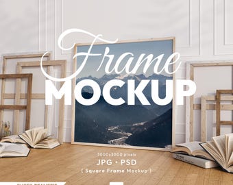 Square Frame Mockup: 1x1 Ratio Poster Psd Template, Wooden Frame