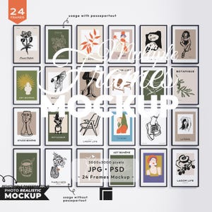 May include: A wall display of 24 framed art prints in black frames. The prints feature botanical and abstract designs in various colors. The image includes text that reads "24 Frames Mockup" and "Photo Realistic Mockup".