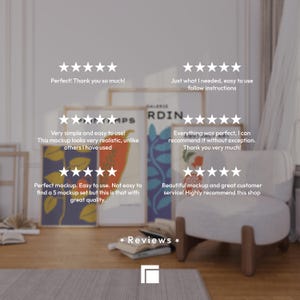 K&ouml;nnte beinhalten: Eine Mockup-Szene mit gerahmten Kunstdrucken mit farbenfrohen abstrakten Designs. Die Szene umfasst einen wei&szlig;en Sessel, B&uuml;cher und Kundenbewertungen. Der Text auf den Drucken ist teilweise sichtbar.
