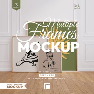 Kvadratisk, mockup med 3 ramar, rammockup-set, psd-mall med flera fyrkantiga träramar, 1x1