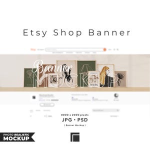 Maquette de bannière de boutique Etsy : bannière de boutique avec cadres en bois, JPG et PSD (8 000 x 2 000 pixels)