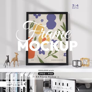 May include: A black framed art print with a colorful abstract floral design, labeled "Bohemian Collection." The frame is displayed on a white shelf with decorative items, including miniature deer figurines and geometric cubes. The text "Frame MOCKUP" is overlaid on the image.