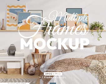 7 Frames Mockup, Vertical Wooden Frames, Gallery Wall Bedroom Mock Up Set