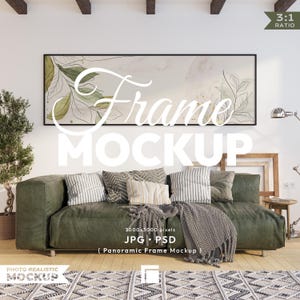 May include: A living room scene featuring a green sofa with decorative pillows and a blanket. Above the sofa is a framed artwork with a botanical design. The words "Frame MOCKUP" are overlaid on the image, along with details about the image's format and dimensions.