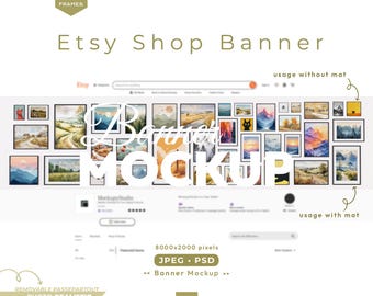 Etsy Shop Banner Mockup with Black Frames, Editable Banner Psd Template