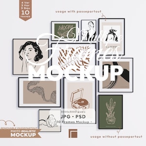 10 Frames Mockup: Gallery Wall Art Psd Template, Multiple Black Frames