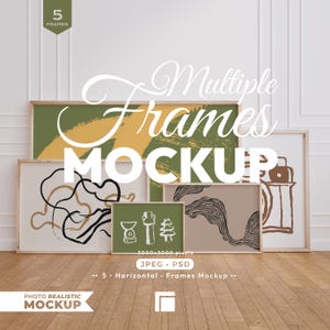 May include: A mockup showcasing five horizontal picture frames with abstract art prints. The frames are set against a white wall and wooden floor. The image includes text that reads "Multiple Frames MOCKUP".