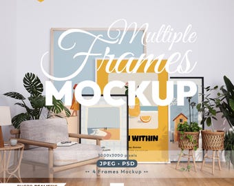 Maquette de salon avec 4 cadres, ensemble de maquettes de cadres, modèle psd de plusieurs cadres en bois