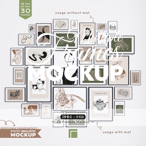May include: A wall mockup featuring 30 framed art prints in various sizes and styles. The frames are black, and the art includes line drawings, botanical illustrations, and abstract designs. Text on the image reads "Frames Mockup" and "Removable Passepartout Photo Realistic Mockup."