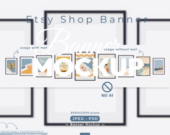 May include: A digital Etsy shop banner mockup featuring nine black rectangular frames in various sizes. The image includes text labels such as 9 FRAMES, Etsy Shop Banner, Banner MOCKUP, 8000x2000 pixels, JPEG, PSD, and NO AI. The display shows examples of usage with and without a mat.