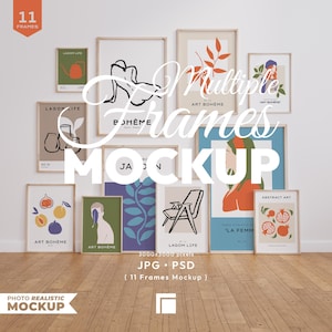 May include: A mockup of eleven framed art prints, arranged against a white wall and wooden floor. The prints feature various abstract designs, including botanical illustrations, figures, and geometric shapes. Text on the frames includes "LAGOM LIFE" and "ART BOHEME".