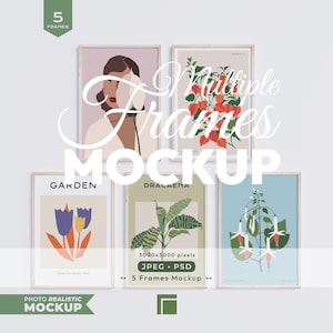 May include: A digital mockup featuring five rectangular frames arranged in a cluster. The frames display various artistic prints including a portrait, botanical illustrations of flowers and leaves, and text elements like Garden and Dracaena.