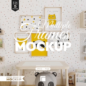 May include: A digital mockup featuring five rectangular picture frames arranged on a wall with a small heart and star pattern. The frames display various illustrations including a yellow cat hero, a panda face, and abstract shapes in yellow and black.