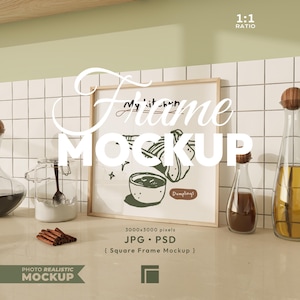 Mockup di cornice quadrata per cucina: poster con stampa su legno, modello Psd per arte murale alimentare, rapporto 1x1