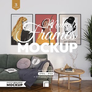 May include: A set of three rectangular wall frames featuring artistic illustrations of figures. The left frame shows a person with long golden hair, the center frame displays a figure with a white flower, and the right frame depicts a black and white portrait.