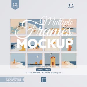 Puede incluir: Una plantilla de maqueta digital con 12 marcos cuadrados dispuestos en una cuadrícula. Cada marco muestra una ilustración diferente de temática costera con tonos suaves de azul, beige y naranja. El texto Multiple Frames MOCKUP está superpuesto.