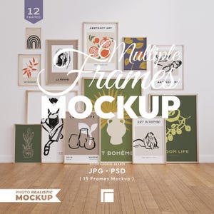 May include: A mockup featuring multiple framed art prints with diverse designs, including botanical, abstract, and figurative art. The frames are displayed against a white wall and wooden floor. The text "Multiple Frames Mockup" is overlaid on the image.