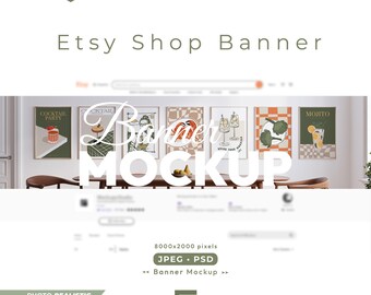 Etsy Shop Banner Mockup with Wood Frames in Dining Room, Editable Banner Psd Template