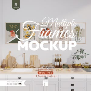 May include: A kitchen setting showcasing a mockup of five framed art prints. The prints feature illustrations of a cocktail, fruit, and abstract figures. The scene includes a sink, cutting boards, and other kitchen accessories. The text "Multiple Frames Mockup" is visible.