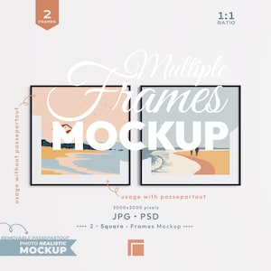 May include: A mockup of two square picture frames with black borders, each showcasing a beach scene in pastel hues. The image includes text: "Multiple Frames MOCKUP" and "PHOTO REALISTIC MOCKUP".
