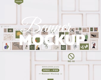 May include: A digital banner mockup featuring 40 frames in vertical, horizontal, and square orientations. The image displays various artistic prints, including botanical, abstract, and figurative illustrations, with text overlays stating Banner MOCKUP, 16 Ver 12 Hor 12 Squ 40 FRAMES, 8000x2000 pixels, JPEG PSD, and NO AI.