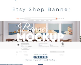 Etsy Shop Banner Mockup: Baner with Square Wood Frames in Dining Room