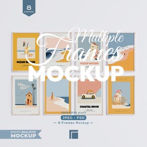 Puede incluir: Una maqueta con ocho impresiones artísticas enmarcadas con temas costeros. Las impresiones muestran escenas de playa, coches y bebidas, con el texto "Ocean Within" y "Coastal Mood". La imagen incluye el texto "Multiple Frames Mockup."