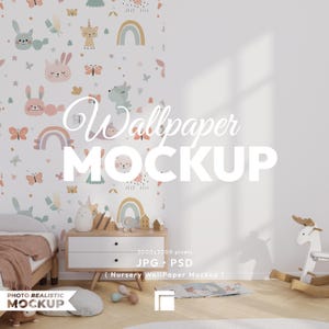May include: A nursery mockup featuring a whimsical wallpaper with pastel-colored animal and rainbow designs. A white nightstand with wooden legs holds decorative items. The text "Wallpaper MOCKUP" is displayed prominently.