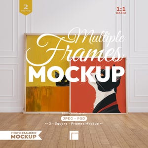 Mockup med 2 fyrkantiga ramar: PSD-mall för affisch med 1x1-förhållande, set med fyrkantiga trämockups