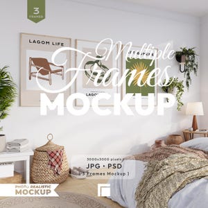 3 Frames Mockup: Vertical Wood Frame Mock Up Set in Bedroom (JPG, PSD)