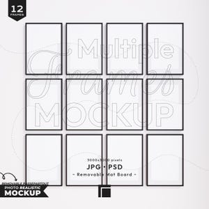 12 Vertical Frames Mockup, Print Posters Template, Black Frames Mockup, Frame Mockup with Mat Board, Twelve Vertical Frames Mockup