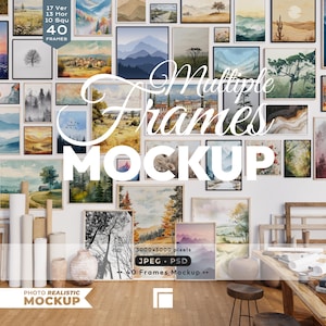 May include: A wall display featuring 40 framed art pieces in various sizes and styles. The artwork includes landscape paintings and abstract designs. The image also includes the text "Multiple Frames MOCKUP" and "PHOTO REALISTIC MOCKUP".