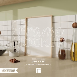 Kitchen Frame Mockup, Food Wall Art Psd Template, Realistic Mockup, Mockup For Poster, Kitchen Scene Mock Up, A4 Wood Frame Mockup