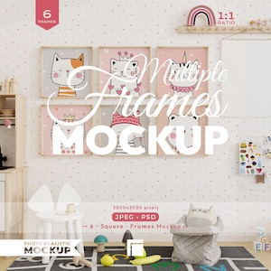 Puede incluir: Una maqueta digital con seis marcos cuadrados dispuestos en una pared con papel tapiz de lunares. Los marcos muestran ilustraciones de gatos de dibujos animados. Las superposiciones de texto incluyen 6 FRAMES, 1:1 RATIO, Multiple Frames MOCKUP, 3000x3000 pixels, JPEG, PSD y 6 Square Frames Mockup.