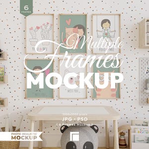 6 Frames Mockup: Nursery Wall Art Template, Kids Room Poster Set (JPG, PSD)