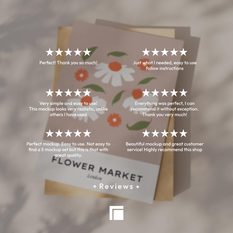 Op de afbeelding: Een mockup van een wenskaart met een bloemenontwerp met witte madeliefjes en oranje accenten. De kaart wordt weergegeven met andere kaarten en enveloppen. De tekst "FLOWER MARKET London * Reviews *" is zichtbaar.