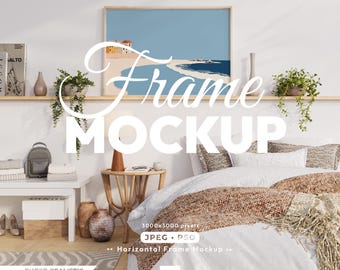 Horizontal Frame Mockup, Landscape Wooden Frame, Bedroom Poster Template