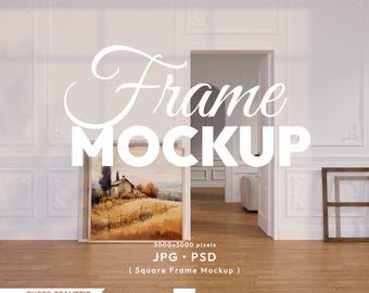 Square Frame Mockup, 1x1 Ratio Poster Psd Template, Wooden Square Mock Up