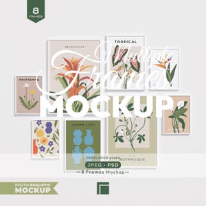 May include: A mockup featuring eight framed botanical art prints. The prints showcase various floral and plant illustrations in a minimalist style. The image includes text that says "Multiple Frames Mockup", "Photo Realistic Mockup", and "8 Frames".