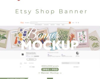 May include: An Etsy shop banner mockup featuring ten frames with botanical illustrations. The image includes text reading 10 FRAMES, Etsy Shop Banner, Banner MOCKUP, 8000x2000 pixels, JPEG, PSD, Banner Mockup, and PHOTO REALISTIC MOCKUP.