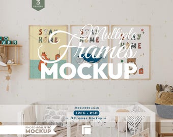 May include: A nursery mockup featuring three framed art prints with the text "Stay Home" and illustrations of a fox, whale, and bear. The scene includes a crib, a shelf with toys, and a basket. The image is labeled "Multiple Frames Mockup."