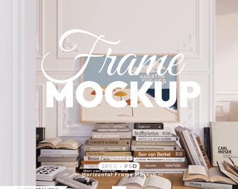 May include: A horizontal wooden picture frame containing a beach-themed print with umbrellas, displayed above stacks of various books. The text "Frame MOCKUP" is overlaid in large white letters, with additional text including "3000x3000px" and "JPEG PSD".
